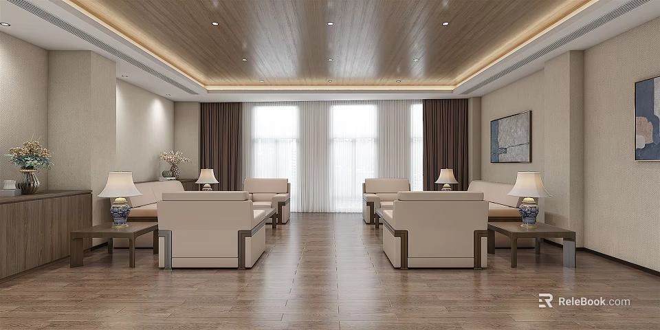 Modern Lounge Area Interior With Sofas Coffee Tables Windows Curtains And Lighting 3d model