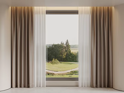 Modern Window Curtains With Sheer Layers And Green Trees Grass Field View 3d model