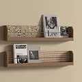Wall Mounted Brown Bookshelves With Decorative Pattern And Stacked Books Magazines
