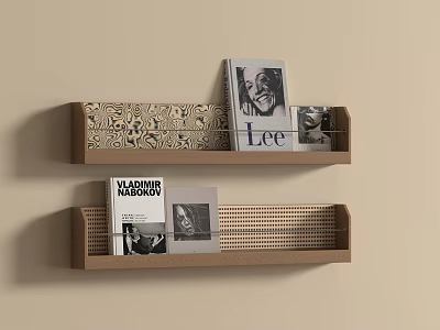 Wall Mounted Brown Bookshelves With Decorative Pattern And Stacked Books Magazines 3d model