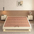 Double Bed in Modern Bedroom with Beige Wall Wooden Blinds Nightstand Vase and Drawer Cabinet
