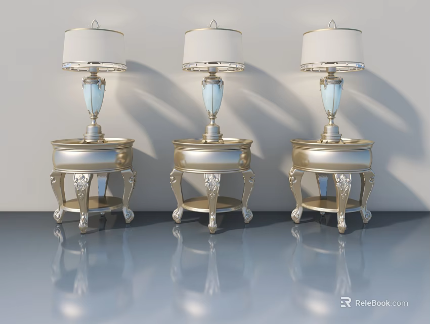 Luxurious Sofa And Coffee Table Set With White Lamps Blue Accents And Gold Carved Details 3d model 