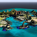 Scenic Landscape With Green Mountains Rocky Shores Water And Buildings