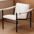 Modern Leisure Chair With White Cushioned Seat Black Metal Frame And Wooden Wall