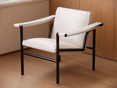 Modern Leisure Chair With White Cushioned Seat Black Metal Frame And Wooden Wall 3d model