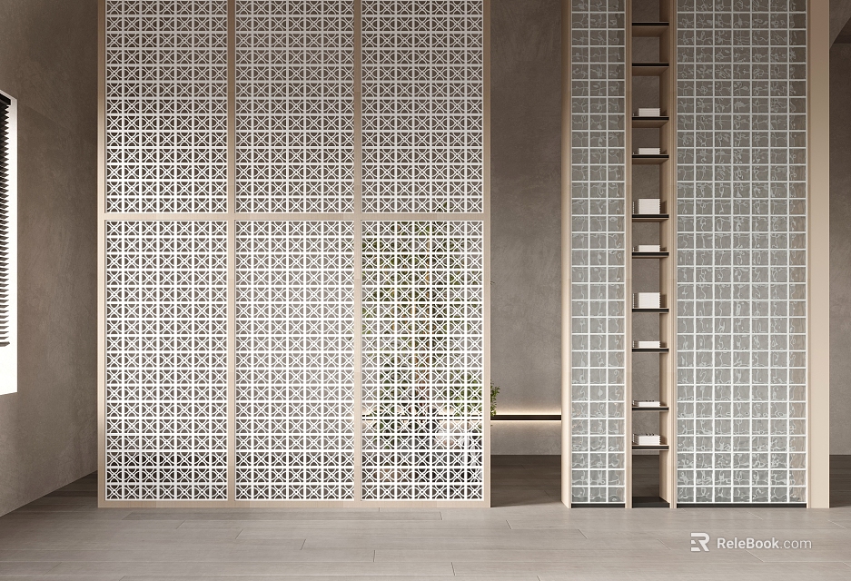 Modern Interior Room Divider With Geometric Grid Pattern And Wooden Frame Design 3d model 