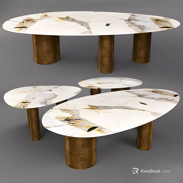 Multiple Elegant Modern Coffee Tables With Oval Marble Top And Brass Cylindrical Legs 3d model 