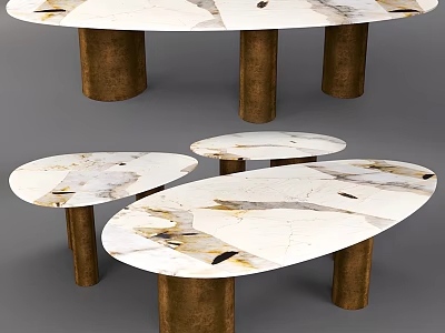Multiple Elegant Modern Coffee Tables With Oval Marble Top And Brass Cylindrical Legs 3d model