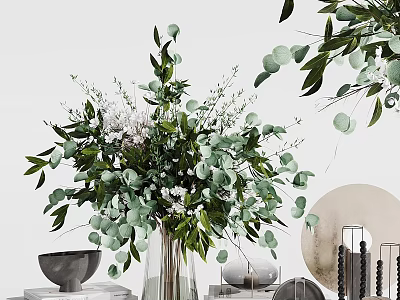 Decorative Ornament Set With Green Plants Eucalyptus Leaves Small White Flowers And Glass Vase 3d model