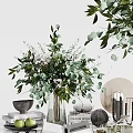 Decorative Ornament Set With Green Plants Eucalyptus Leaves Small White Flowers And Glass Vase