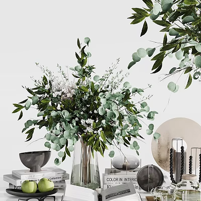 Decorative Ornament Set With Green Plants Eucalyptus Leaves Small White Flowers And Glass Vase 3d model