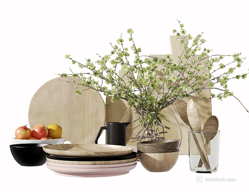 Wooden Dinnerware Set with Plates Bowls Spoons Black Mugs Glass Cups and Green Plants 3d model 
