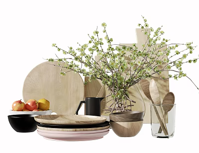 Wooden Dinnerware Set with Plates Bowls Spoons Black Mugs Glass Cups and Green Plants 3d model