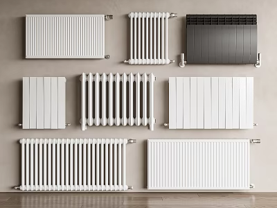 Various Modern Radiators Mounted On Wall With Different Styles Colors White And Black Design 3d model