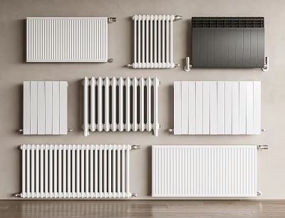 Various Modern Radiators Mounted On Wall With Different Styles Colors White And Black Design 3d model