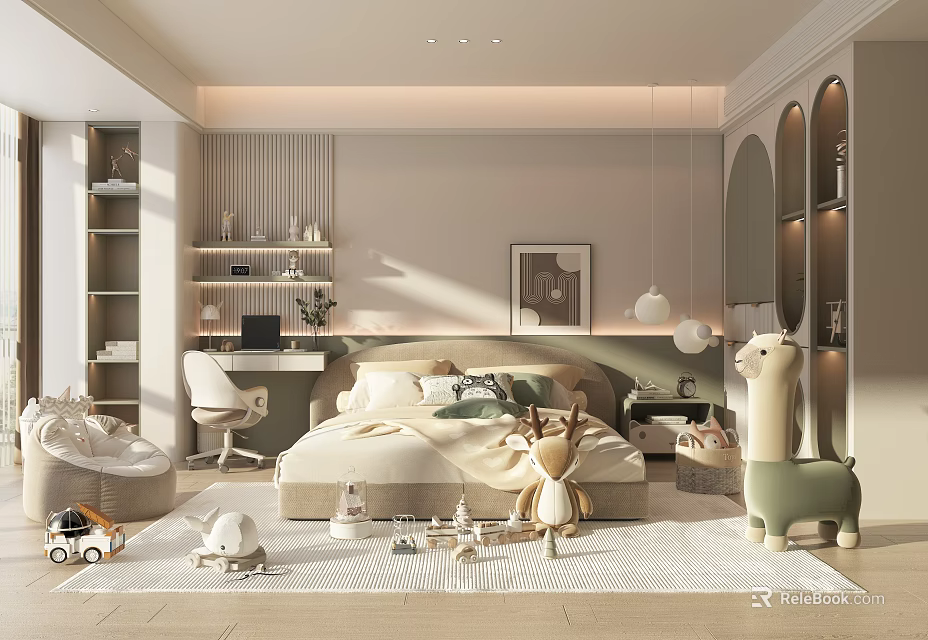 Kids Bedroom Interior Design With Cozy Bed Stuffed Animals Bookshelves Toys And Soft Rug 3d model 