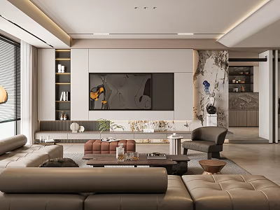 Modern Living Room Interior Design With Beige Sofa TV Wall Artwork Coffee Table And Plants 3d model