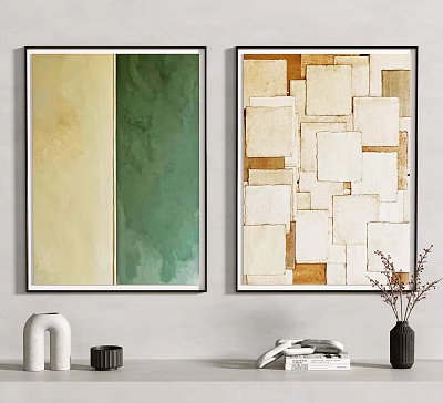 Abstract Paintings With Color Blocks And Geometric Squares Hanging On Wall With Decorative Items 3d model