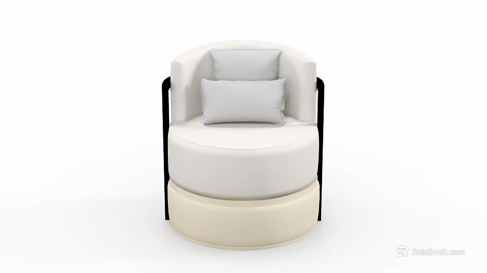 Modern Elegant Single Seater Sofa With White Upholstery Black Armrests Gray Cushions And Beige Base 3d model 