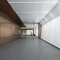 Spacious Modern Office Corridor Interior With Glass Doors Ceiling Lighting And Gray Flooring 3d model