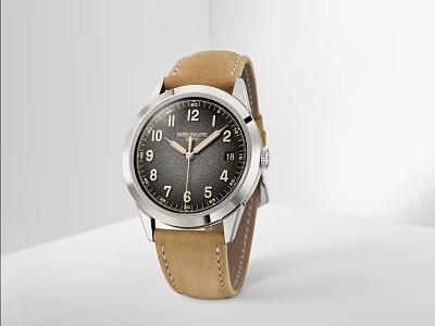 Classic Wrist Watch with Brown Leather Strap Black Dial and Stainless Steel Case 3d model