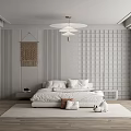 Minimalist Bedroom Interior With White Bed Grid Wall Panel Macrame Hanging And Ceiling Light 3d model