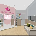 Female Employees Carnation Service Station Interior Featuring Pink Design Sofa And Green Plant