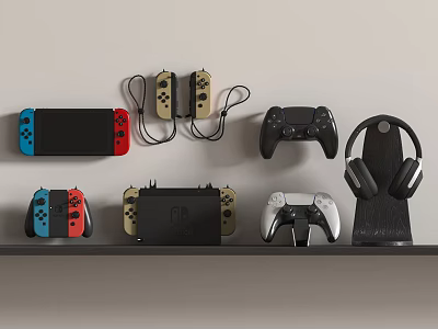 Colorful Gaming Entertainment Electronics Including Controllers Console And Headphones On Shelf 3d model
