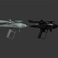 Futuristic Sci Fi Weapons With Light Blue Black Metallic Designs And Wing Shaped Features