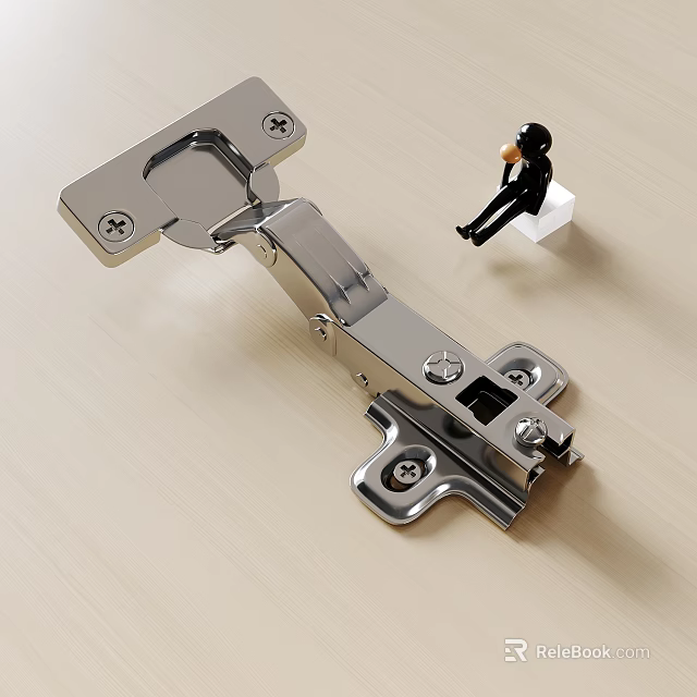 Stainless Steel Cabinet Hinge With Small Black Figure On Wooden Surface 3d model 