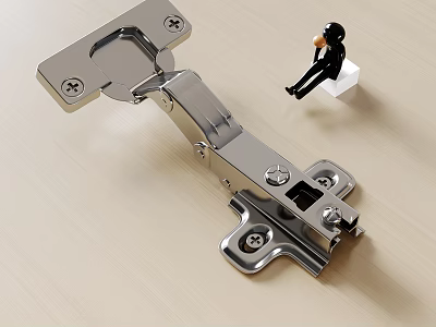 Stainless Steel Cabinet Hinge With Small Black Figure On Wooden Surface 3d model