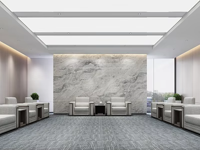 Modern Hotel Public Lounge Interior With Marble Wall Sofas Coffee Tables And Ceiling Lighting 3d model