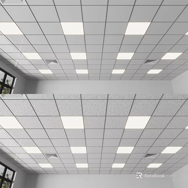 Grid Pattern Suspended Ceiling With White And Gray Square Panels And Air Vents 3d model