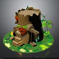 Modern Tree Stump House With Lush Green Grass Red Roof Vines And Wooden Stairs