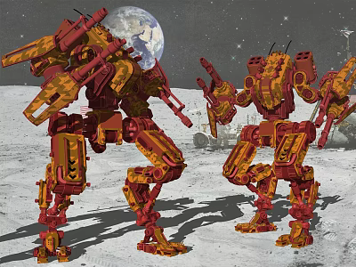 Red and Yellow Armed Robots Standing on Moon Surface with Earth and Starry Sky 3d model