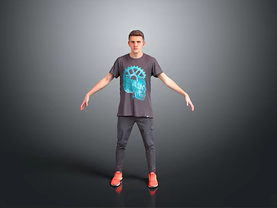 Man Wearing Grey T Shirt With Blue Gear Print Grey Pants Red Shoes Arms Outstretched 3d model