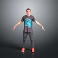 Man Wearing Grey T Shirt With Blue Gear Print Grey Pants Red Shoes Arms Outstretched