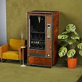 Yellow Single Sofa In Interior Scene With Brown Vending Machine Green Plant And Green Wall