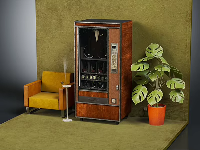 Yellow Single Sofa In Interior Scene With Brown Vending Machine Green Plant And Green Wall 3d model