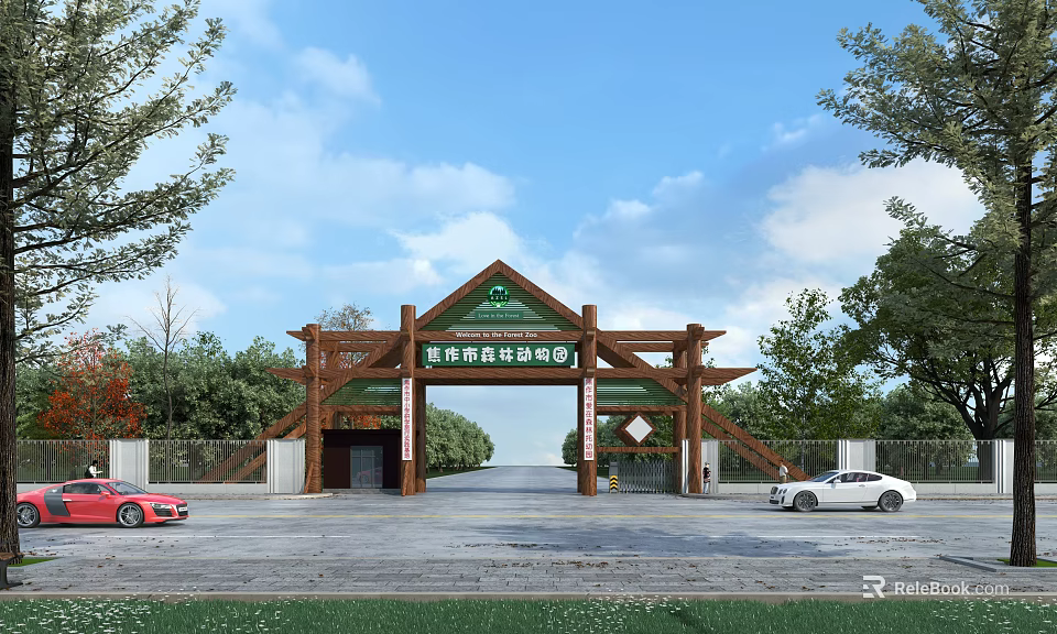 Eco Tourism Resort Entrance Gate With Wooden Structure Sign Surrounding Trees And Blue Sky 3d model 