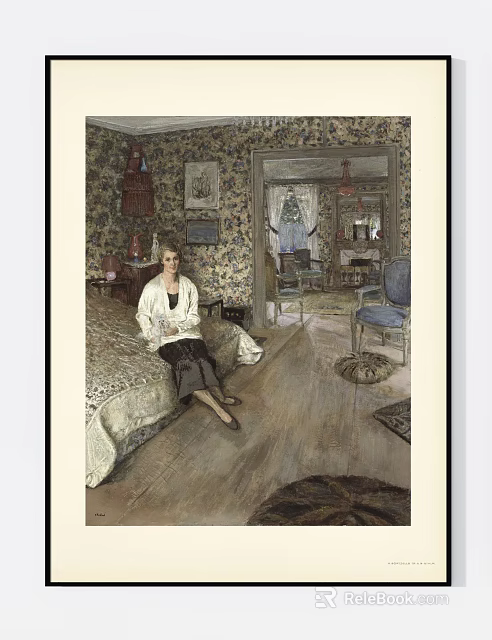 Vintage Interior Portrait of Woman Sitting on Bed with Floral Wallpaper Mirror Chair and Carpets 3d model 