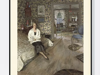 Vintage Interior Portrait of Woman Sitting on Bed with Floral Wallpaper Mirror Chair and Carpets 3d model