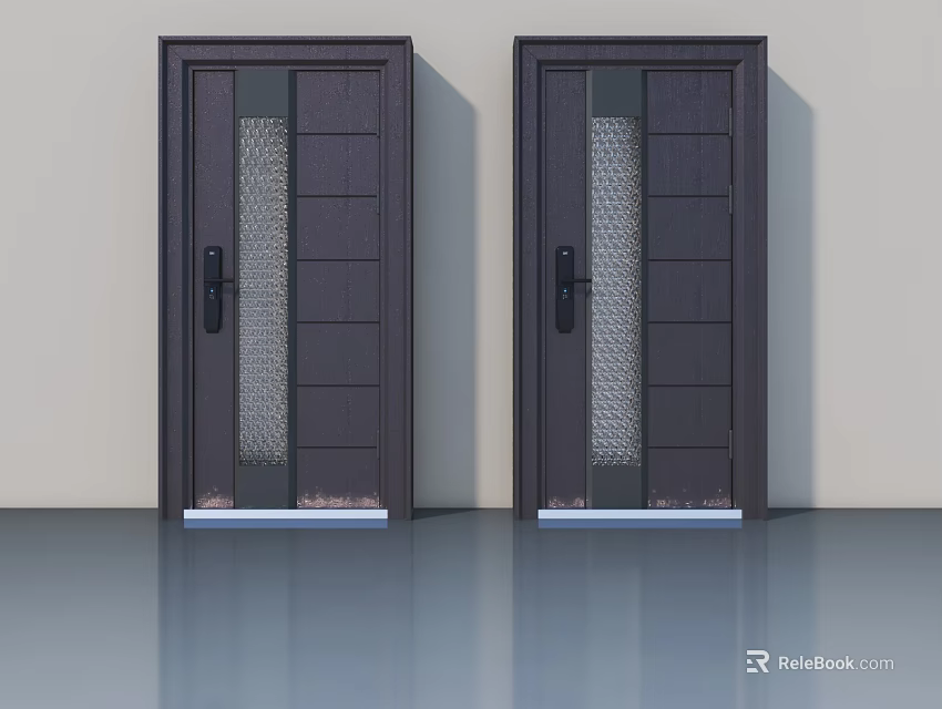 Dark Wooden Hinged Doors With Mesh Glass Panels Modern Home Design 3d model 