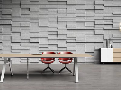 Modern Conference Table With Two Red Chairs Gray Textured Wall And Wooden Cabinet 3d model