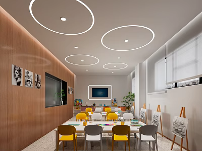 School Art Classroom Featuring Wooden Walls Circular Ceiling Lights Easels And Colorful Chairs 3d model