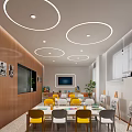School Art Classroom Featuring Wooden Walls Circular Ceiling Lights Easels And Colorful Chairs