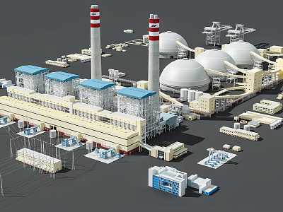 Industrial Factory Complex With Large Domed Structures Red White Chimneys And Blue Roofed Buildings 3d model