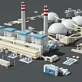Industrial Factory Complex With Large Domed Structures Red White Chimneys And Blue Roofed Buildings