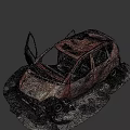 Burnt Rusty Car Wrecked Front With Open Doors On Snowy Ground And Debris