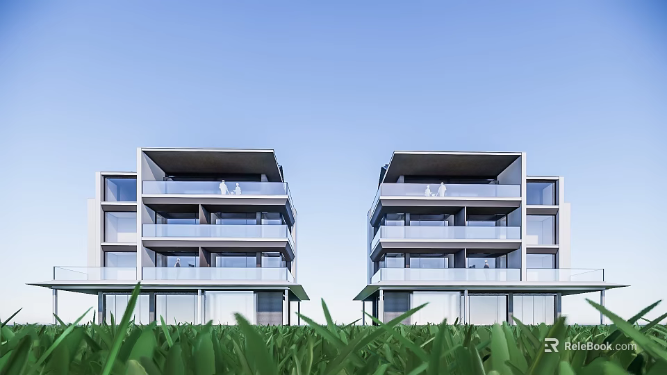 Modern Detached Villa Design With Balconies Green Lawn And Blue Sky 3d model 